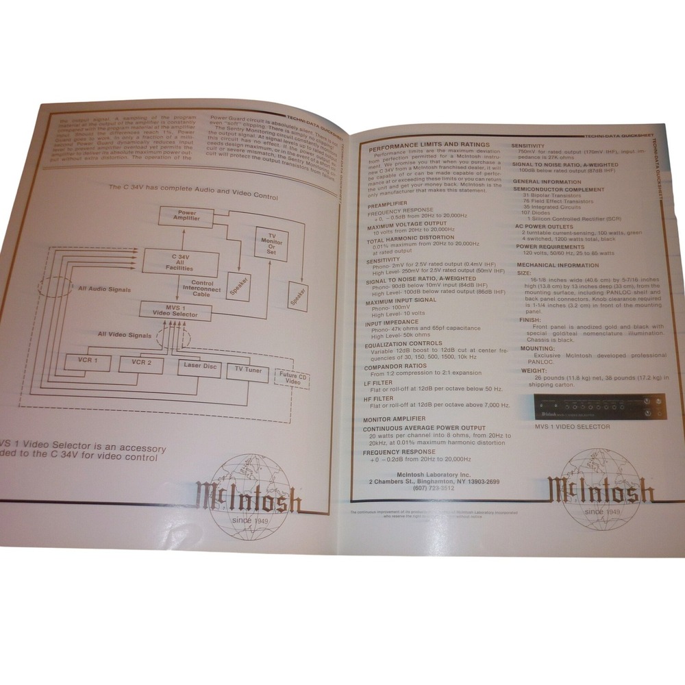 Vintage McIntosh C 34V MVS 1 Techni-Data Quicksheet Technical Manual Original